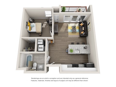 Floor plan for 1 bed, 1 bath, 672 sqft